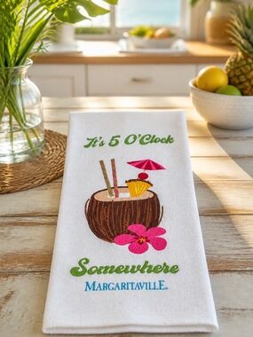Margaritaville White Towel with Pink Flower and Brown Coconut Print